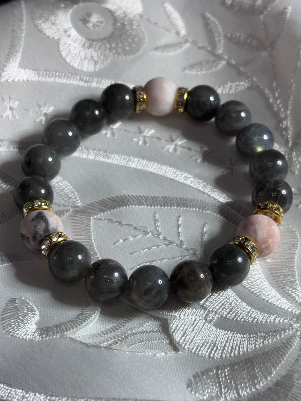 Gray Labradorite and Pink Zebra Beaded Stretch Bracelet with Gold Accents